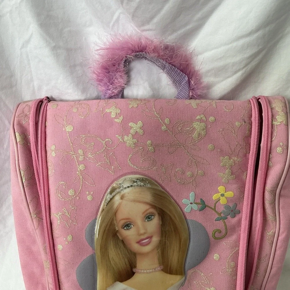 Vintage 2000s Barbie Pink Doll Clothes Storage Bag with Feather Strap 2003
